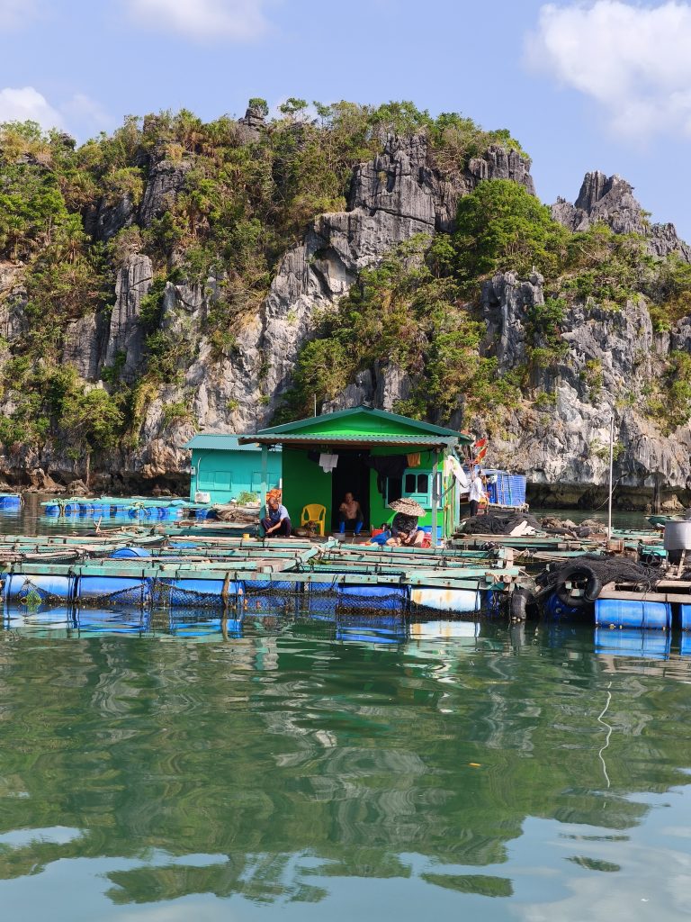 Schwebendes Dort in Vietnam: Ha Long Bay. Wohnhaus auf dem Wasser mit seinen Bewohnern.