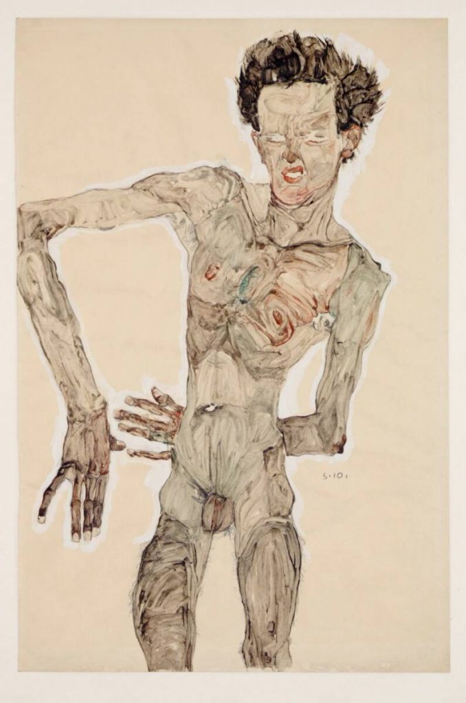 Egon Schiele: Grimassierendes Aktselbstbildnis, 1910​

Bleistift, Kohle, Pinsel, ​

Deckfarben mit proteinhaltigen Bindemitteln, ​

Deckweiß auf Packpapier​
55,8 × 36,7 cm​